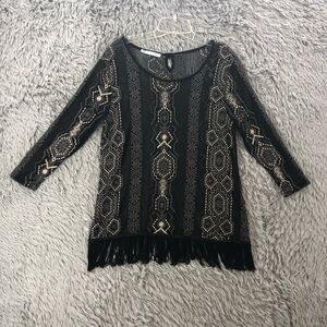 Maurices Blouse Womens Large Black Southwestern Fringe Aztec Transparent